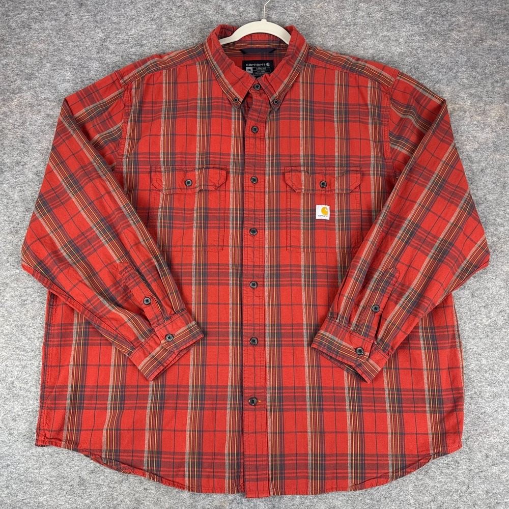 Carhartt Button Down Shirt Long Sleeve Loose Fit Plaid Red Mens 2XL XXL